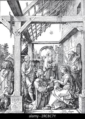 Die Verehrung der Magi, Holzschnitt von Albrecht Dürer, historische, digital verbesserte Reproduktion eines alten Holzschnitts Stockfoto