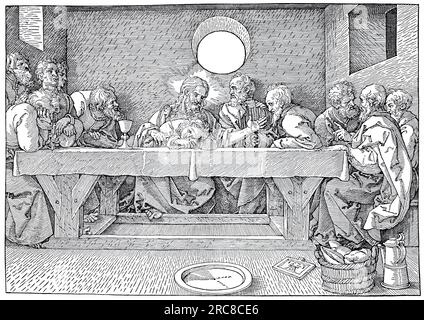 Das letzte Abendmahl, Holzschnitt von Albrecht Dürer, historische, digital verbesserte Reproduktion eines alten Holzschnitts Stockfoto