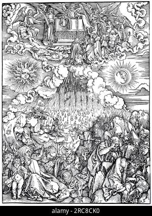 Die Apokalypse, die Eröffnung der fünften und sechsten Robben, die Verteilung der weißen Garnituren unter den Märtyrern und der Fall der Sterne, der Holzschnitt von Albrecht Dürer, die historische, digitale verbesserte Reproduktion eines alten Holzschnitts Stockfoto