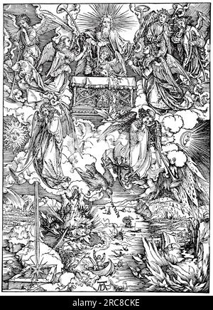 Die Apokalypse, die sieben Trompeten werden den Engeln gegeben, und die Resultate der ersten vier Trompetenrufe, Holzschnitt von Albrecht Dürer, historische, digital verbesserte Reproduktion eines alten Holzschnitts Stockfoto