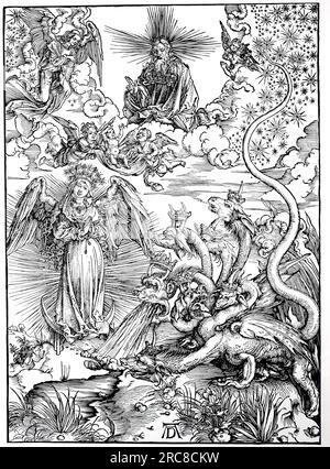 Die Apokalypse, die Frau bekleidet mit der Sonne, und der siebenköpfige Drache, Holzschnitt von Albrecht Dürer, historische, digitale verbesserte Reproduktion eines alten Holzschnitts Stockfoto