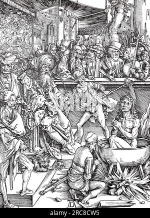 Die Apokalypse, das Martyrium von St. John der Evangelist, Holzschnitt von Albrecht Dürer, historische, digital verbesserte Reproduktion eines alten Holzschnitts Stockfoto