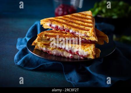 Gegrillte Sandwiches mit Käse, Schinken und Cranberry-Chutney auf dem Teller. Perfekt für das Weihnachtsessen. Stockfoto