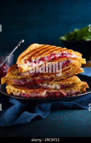 Gegrillte Sandwiches mit Käse, Schinken und Cranberry-Chutney auf dem Teller. Perfekt für das Weihnachtsessen. Stockfoto