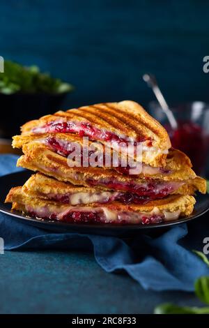 Gegrillte Sandwiches mit Käse, Schinken und Cranberry-Chutney auf dem Teller. Perfekt für das Weihnachtsessen. Stockfoto