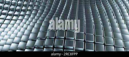 Abstraktes Blau eines futuristischen Flächenwürfelmusters mit Lichtstrahlen. Blauer sechseckiger Hintergrund. Abstrakter Hintergrund als wellige Oberfläche von vielen Metallen Stockfoto