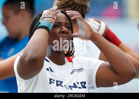 Chorzow, Polen. 23. Juni 2023: Naomie What of France reagiert während des Women's Shot Put während der Leichtathletik-Meisterschaften der europäischen Teams, der Europameisterschaften – Tag 4 im Slaski-Stadion in Chorzow, Polen. 23. Juni 2023. (Foto: Nikola Krstic/Alamy) Stockfoto