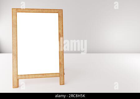 Mockup-Tafel in Einem A-Frame-Schild oder Sandwich-Tafel mit schwarzem Brett. Leerer weißer Kopierbereich. Für Menüs oder Meldungen. 3D Illustration Stockfoto