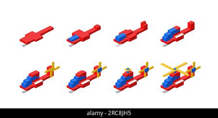 Hubschrauberset aus Kunststoffblöcken in isometrischer Form. Vektordarstellung. Stock Vektor