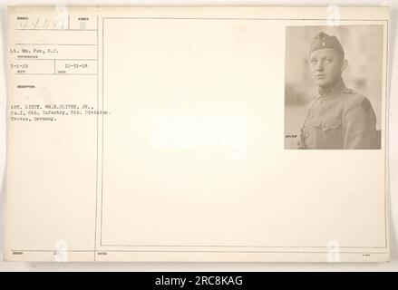 Auf diesem Foto mit der Nummer 111-SC-44548 sind 1. Lieutenant WM. B. Oliver, Jr., von Co Ich, 6. Infanterie, 5. Division, in Treves, Deutschland. Das Bild wurde am 31. Dezember 1918 von Sergeant Major Reed aufgenommen. Stockfoto