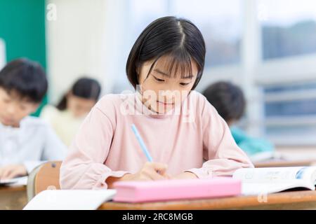 Eine Grundschülerin, die im Unterricht studiert Stockfoto