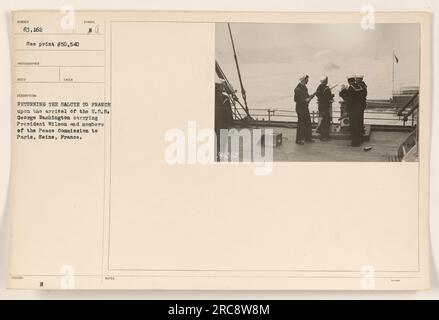 U.S.S. George Washington bringt den Gruß an Frankreich in seine zurück, als es ankommt, mit Präsident Wilson und Mitgliedern der Friedenskommission im Zusammenhang mit dem Ersten Weltkrieg. Dieses Foto hat die Nummer 63.162, und der Fotograf wird als RECO ASED identifiziert. Außerdem wird auf Drucknummer 50.540 verwiesen. Stockfoto