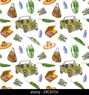 Nahtloses Muster zum Thema Reisen nach Afrika. Offenes Auto, Palmenzweige, Kaktus, Reisetasche, Sonnenhut. Alle Elemente werden von Hand in Aquarell gezeichnet Stockfoto