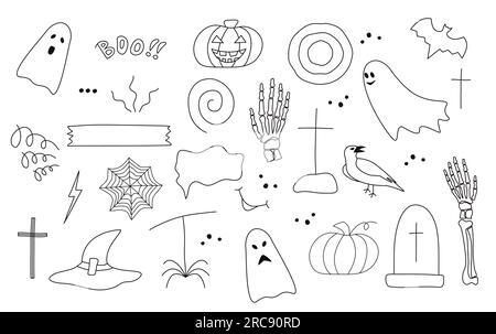 Halloween-Set mit Doodle-Illustrationen Schwarze Kontur Designelemente von Hand gezeichnete Vektordarstellung isoliert auf weißem Hintergrund. Stock Vektor