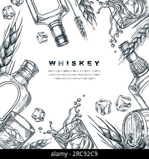 Banner mit Whiskey-Verkostung, Poster, Party-Flyer. Vektorskizze quadratischer Rahmen Darstellung von Whisky- oder Brandyflasche, Gläsern, Gerste, Weizen. Alkohol vom Weingut Stock Vektor