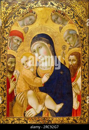 Sano di Pietro, Madonna und Kind, mit den Heiligen Jerome, Johannes dem Täufer, Bernardino und Bartholomew, Lackierung in Blattgold und Tempera auf Platte, 1450-1481 Stockfoto