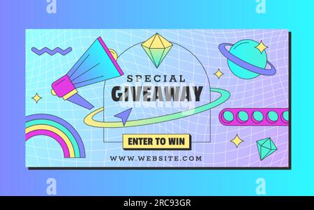 Horizontales Werbebanner mit Retro-Vaporwave. Design-Vorlage für Geschichten aus sozialen Medien mit Lautsprechern, Planet- und Regenbogenaufklebern im 90s-Vintage-Stil. Computerfenster mit Bekanntgabe von Preiszeichnungen. Stock Vektor