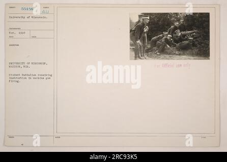 Das Bild zeigt das Studenten-Bataillon der University of Wisconsin, das während des 1. Weltkriegs in Maschinengewehrschießen geschult wurde. Das Foto wurde im November 1918 von der University of Wisconsin aufgenommen und ist nur für den offiziellen Gebrauch gekennzeichnet. Stockfoto