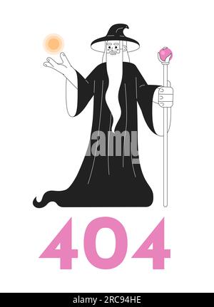 Zauberer, der Zaubertricks macht, schwarz-weiß, Fehler 404, Flash-Meldung Stock Vektor