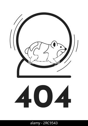 Süßer Hamster schnell läuft im Rad schwarz weiß Fehler 404 blinkende Meldung Stock Vektor