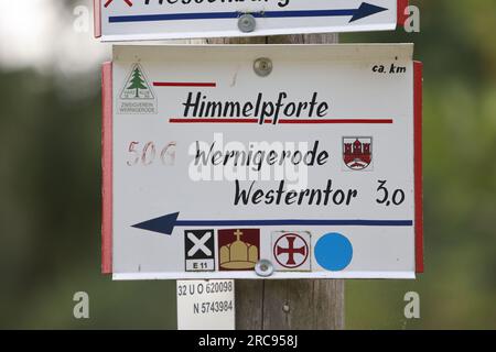 13. Juli 2023, Sachsen-Anhalt, Wernigerode: Blick auf einen Wanderwegweiser mit der Inschrift Himmelpforte. Das Augustinerkloster Himmelpforte - auch Himmelpforten genannt - wurde vor 1253 von der niederen Adelsfamilie Hartesrode gegründet. 1516 besuchte Martin Luther (1483-1546) das Kloster. Nach dem Verlassen des Klosters während der Reformation fielen die Gebäude in Verfall und wurden später fast vollständig abgerissen. Besonders beeindruckend sind die Fundamente eines großen spätgotischen Bauwerks mit mächtigen Pfeifen, die immer noch mehr als einen Meter hoch sind. Foto: Matthias Bein/d Stockfoto