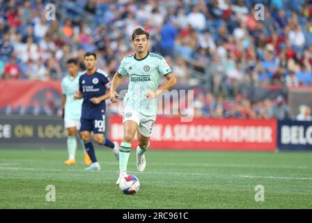 12. Juli 2023; Foxborough, MA, USA; Atlanta United Mittelfeldspieler Santiago Sosa (5) in Aktion während des MLS-Spiels zwischen Atlanta United und New England Revolution. Anthony Nesmith/CSM Stockfoto