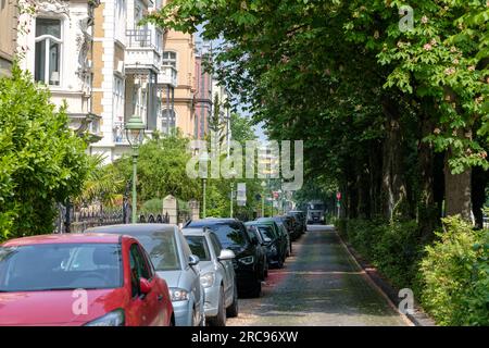 Bonn, Deutschland - 22. Mai 2023 : Blick auf eine typische Straße mit Wohngebäuden und Autos neben dem Poppelsdorfer Park in Bonn Stockfoto