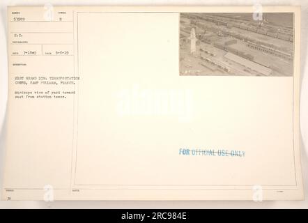 Luftaufnahme von 5-6-19, in der die Grand Div. 21. gezeigt wird Transportkorps in Camp Pullman, Frankreich. Das Bild zeigt einen Blick aus der Vogelperspektive auf den Hof vom Turm aus nach Osten. Klassifiziert als „ANMERKUNGEN NUR ZUR AMTLICHEN VERWENDUNG“. Stockfoto