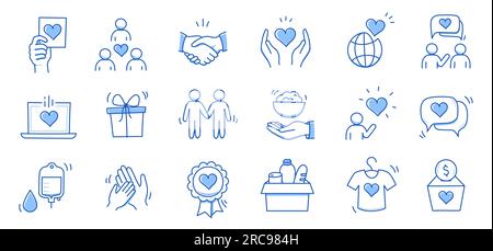Wohltätigkeits-Hand, Geld, Blutspenden-Doodle-Line-Symbol. Wohltätigkeits-Freiwillige, Unterstützung, Blutspender-Konzept-Satz. Ehrenamtliches Herz, spende Essen, handgezeichnete Kritzelskizzen-Linie. Vektordarstellung Stock Vektor