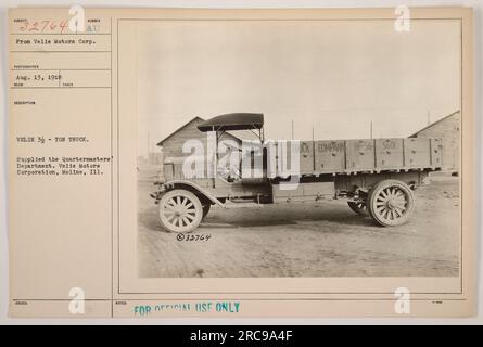 Velie Motors Corps 3-Tonnen-Truck, geliefert an das Quartermasters Department während des Ersten Weltkriegs. Dieses Foto wurde am 13. August 1918 aufgenommen. Das Fahrzeug ist ein RECHO-Modell und wurde mit der Nummer 32764 beschriftet. Es wurde von der offiziellen Truck Company N56 5601 verwendet. Stockfoto