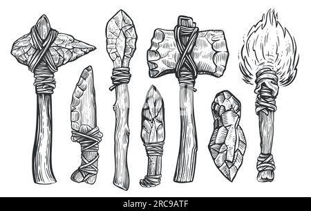 Prähistorische Arbeitsgeräte und Ausrüstung eines primitiven Höhlenmenschen. Gravurstil der Skizzenvektordarstellung Stock Vektor