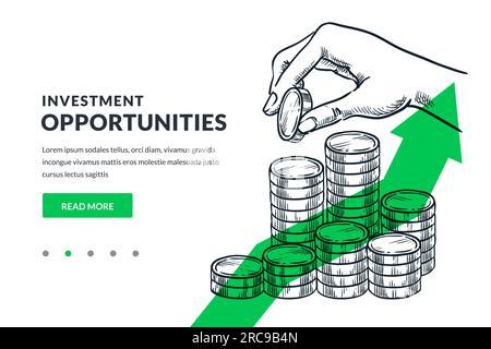 Menschliche Hand, die Münzen auf einen Münzstapel mit grünem Pfeil legt. Investitionen, Einsparungen und Finanzwachstum – Geschäftskonzept. Von Hand gezeichnete Vektoren Stock Vektor