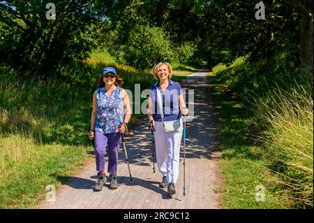 Zwei glückliche weibliche Wanderer mittleren Alters auf dem Downs Link Pfad, einer stillgelegten Bahnlinie. West Grinstead, West Sussex, England. Stockfoto