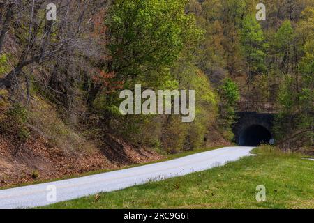 Die Blue Ridge Parkway Road führt zu einem von vielen Tunneln, während sie durch die malerische Nebenstraße führt. Stockfoto