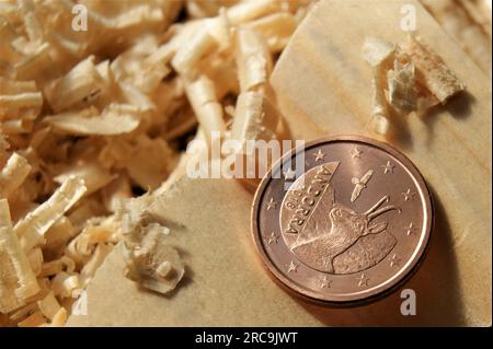 Eine seltene Münze der Eurozone. Andorra 1 Euro Cent. Eine neue Münze in der Zimmermannswerkstatt. Stockfoto