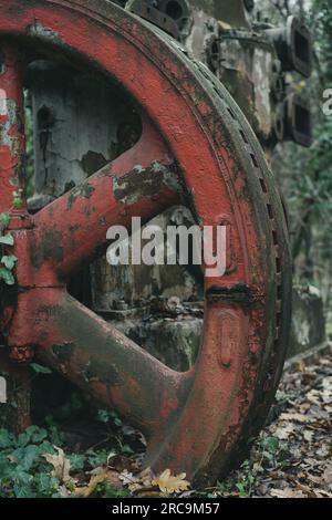 Detail eines roten Rads eines alten verrosteten Luftkompressors im Wald. Industrielle Geschichtsmaschine. Eisen- und Stahlproduktion. Verlassene Maschine. Stockfoto