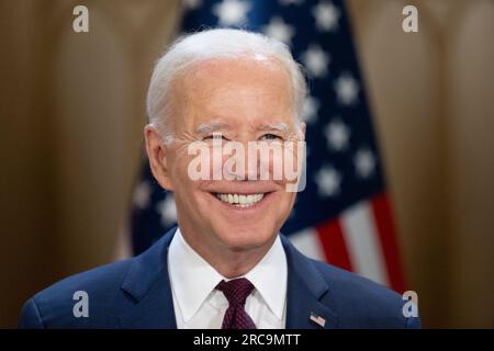 Helsinki, Finnland. 13. Juli 2023. US-Präsident Joe Biden beim Gipfeltreffen der US-nordischen Staats- und Regierungschefs im Präsidentenpalast in Helsinki, Finnland, am 13. Juli 2023. Foto: Henrik Montgomery/TT/Code 10060 Kredit: TT News Agency/Alamy Live News Stockfoto