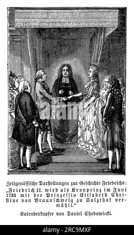 Hochzeit von Frederick II. Als Preußen Kronprinz mit der Prinzessin Elisabeth Christine von Brunswick-Wolfenbüttel-Bevern im Jahre 1733 Stockfoto