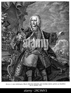 Franz I von Lothringen, auch bekannt als Franz I. von Lothringen, wurde am 8. Dezember 1708 geboren und regierte von 1729 bis zu seinem Tod als Herzog von Lothringen. Er war der Ehemann von Maria Theresa, der Erzherzogin von Österreich, und wurde später zum Heiligen Römischen Kaiser als Franz I. Franz I spielte eine wichtige Rolle in der europäischen Politik, insbesondere während des Erbfolgekrieges Österreichs. Er bildete Bündnisse und beteiligte sich an diplomatischen Verhandlungen, um die Interessen seiner Familie zu schützen und ihren Einfluss auszuweiten. Franz Ich unterstützte seine Frau Maria Theresa in ihren Bemühungen, die Habsburger mona zu stärken Stockfoto