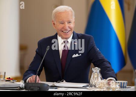 Helsinki, Finnland. 13. Juli 2023. US-Präsident Joe Biden beim Gipfeltreffen der US-nordischen Staats- und Regierungschefs im Präsidentenpalast in Helsinki, Finnland, am 13. Juli 2023. Foto: Henrik Montgomery/TT/Code 10060 Kredit: TT News Agency/Alamy Live News Stockfoto