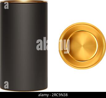 Schwarze Pappröhre mit goldfarbenem Deckel, isoliert auf weißem Hintergrund. Draufsicht des Deckels. Verpackung für Geschenke, Porto, Produkte - Tee, Kaffee, Flaschen. Stock Vektor