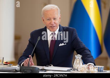 Helsinki, Finnland. 13. Juli 2023. US-Präsident Joe Biden beim Gipfeltreffen der US-nordischen Staats- und Regierungschefs im Präsidentenpalast in Helsinki, Finnland, am 13. Juli 2023. Foto: Henrik Montgomery/TT/Code 10060 Kredit: TT News Agency/Alamy Live News Stockfoto