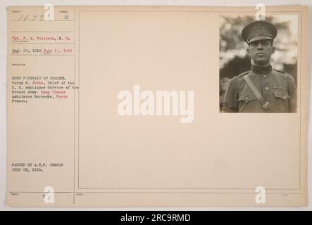 Porträt von Colonel Percy F. Jones, Chief der USA Rettungsdienst der französischen Armee, aufgenommen am 24. August 1918. Das Foto wurde in der Long Champs Ambulance Baracke in Paris, Frankreich, aufgenommen. Es wurde am 29. Juli 1918 vom Zensor der amerikanischen Expeditionstruppen (A.E.F.) genehmigt. Stockfoto