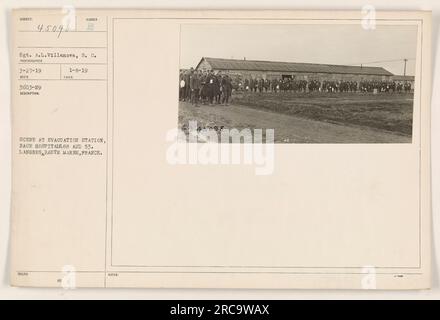 Soldaten werden zur Evakuierungsstation der Basiskrankenhäuser 88 und 53 in Langres, Haute Marne, Frankreich, transportiert. Sergeant A.L. Villanova hat dieses Bild am 27. März 1919 aufgenommen. Das Foto ist mit der SSLED-Nummer B 00 1-8-19 beschriftet. Stockfoto