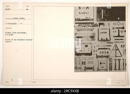 Teile der in den USA verwendeten Standard-Graflex-Kamera Das Signal-Korps der Armee im Ersten Weltkrieg. Diese Abbildung zeigt ein nummeriertes Diagramm der Komponenten, einschließlich verschiedener Objektive, Befestigungen und Teile für die Montage der Kamera. Es wurde am 3. Oktober 1921 von einem Fotografen des Signal Corps aufgenommen. Stockfoto