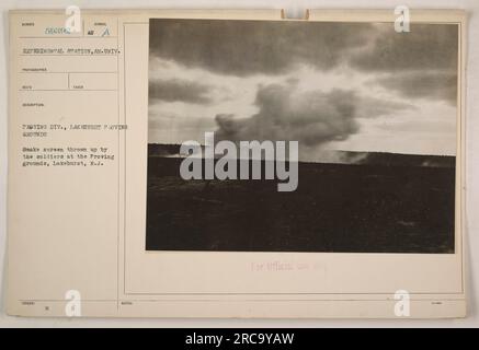 Soldaten auf dem Testgelände in Lakehurst, New Jersey, erschaffen während eines Experiments eine Rauchwand. Das von der American University aufgenommene Foto zeigt die Verwendung von Rauch als militärische Taktik. Dieses Bild wurde als offizielle Dokumentation herausgegeben und ist nur für die Verwendung innerhalb autorisierter Kanäle vorgesehen. Stockfoto