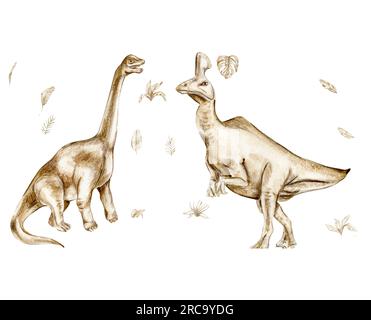 Aquarell handgezeichneter tropischer Dinosaurier, handgemalte süße Dinosaurier. Dino-Illustrationen für Design, Tapete, Sammelalben, Einladung, Hochzeiten Stockfoto