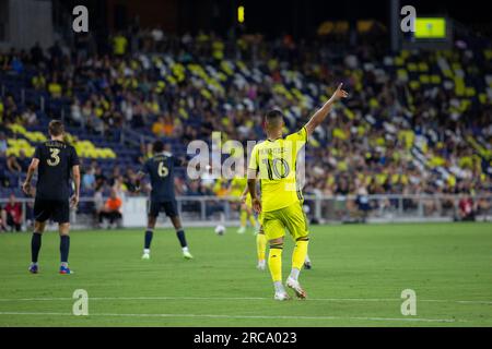 Nashville, Tennessee, USA. 12., Juli 2023. Hany Mukhtar (10). Nashville SC fällt nach Philadelphia Union im GEODIS Park. Kredit: Kindell Buchanan/Alamy Live News. Stockfoto