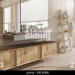 Badezimmer mit Badewanne, Waschbecken, Spiegel und Einrichtung. Darstellung des qualitativ hochwertigen 3D-Renderings. Modernes Bad im Apartment im skandinavischen Stil Stockfoto