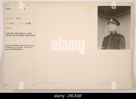 U.S.S. George Washington mit der Präsidentenpartei an Bord. Captain Edward McCauley, US-N., kommandierender Offizier des Schiffes. Aufgenommen 1919 vom Fotografen S.C. Sech. 1929 fotografierte Präsident Symbol. Anmerkung: Dieses Bild zeigt Captain McCauley von der Presidential Party auf der U.S.S. George Washington. Stockfoto